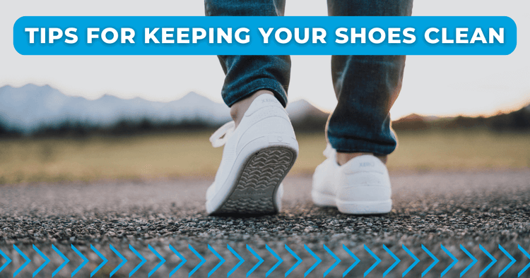 man wearing all white xero shoes with graphic tips for keeping your shoes clean