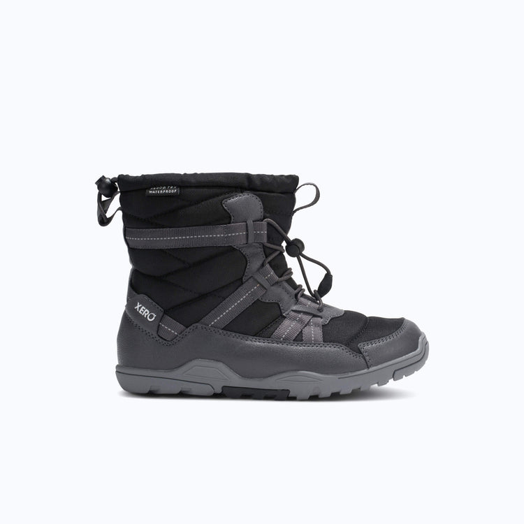 Xero Shoes Alpine Pull-On Big Kids Boots in Black and Gray with Toe Facing Right