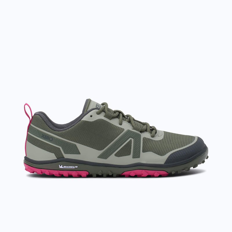 Xero Shoes Scramble Low EV Women Shoe at Army Green and Pink with Toe Facing Right