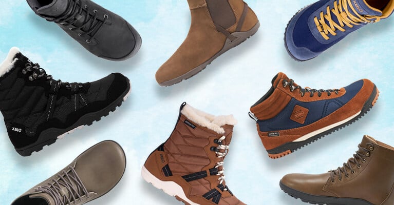 A selection of Xero Shoes most popular footwear featuring a men's Glazed Ginger Ridgeway boot and women's Black Mika boot.