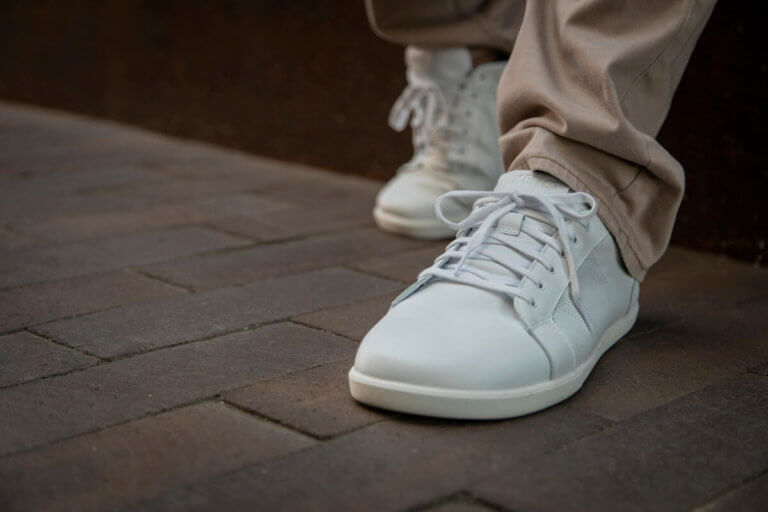 White Dillon Leather shoes paired nicely with khaki colored pants